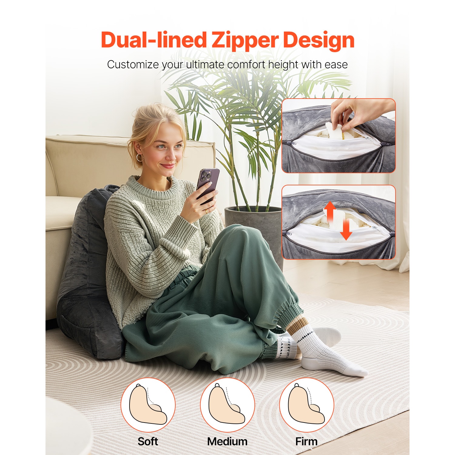 Grey Reading Pillow With Memory Foam, Back Support And Pockets_voghion.com